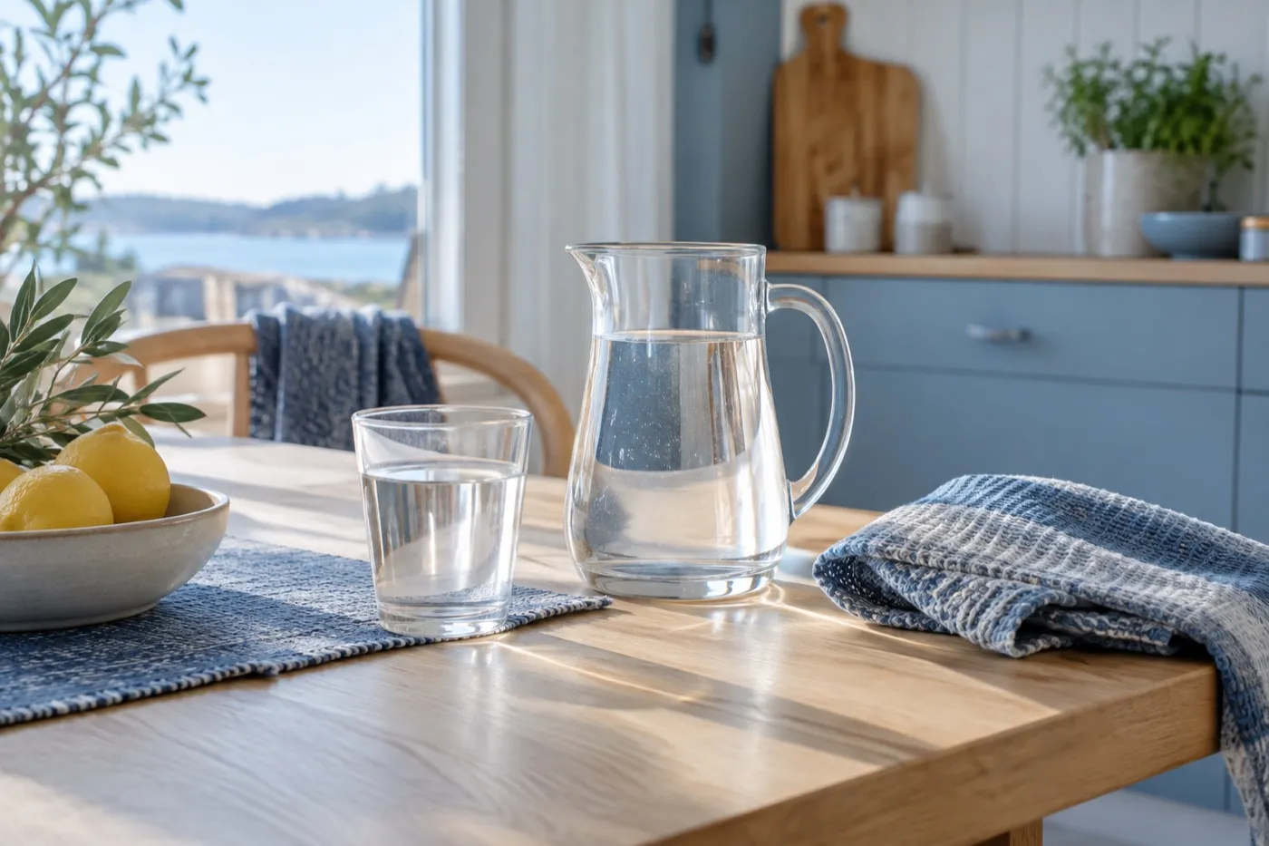 Glas och kanna med vatten på ett ljust köksbord
