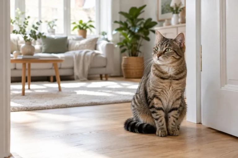 Katt som sitter i en dörröppning i ett ljust hem