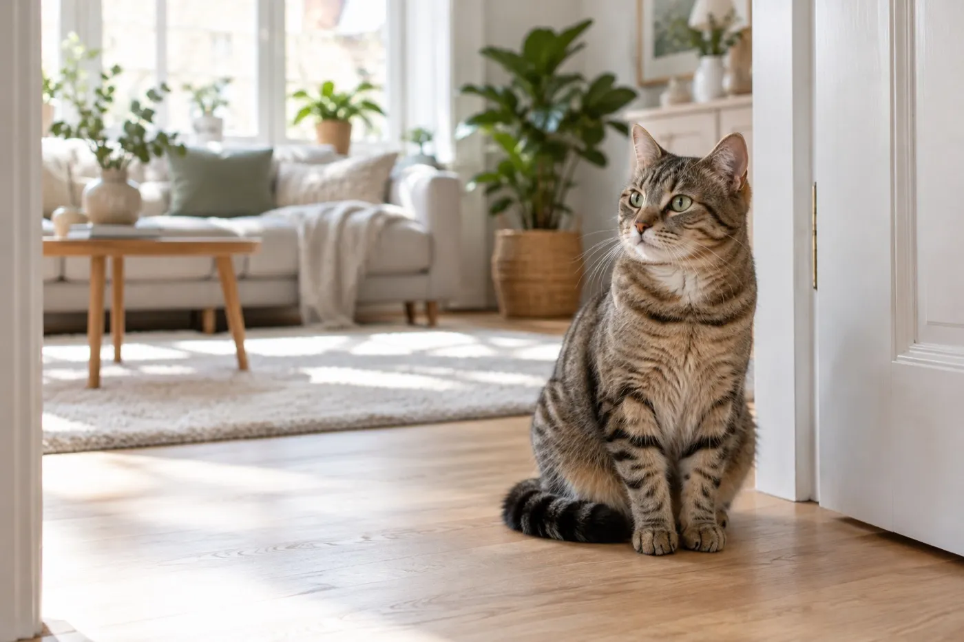 Katt som sitter i en dörröppning i ett ljust hem