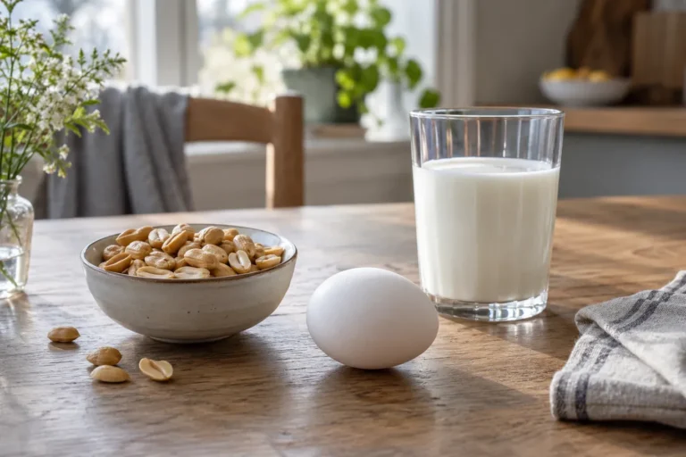 Jordnötter, ett ägg och mjölk står åtskilda på ett köksbord.
