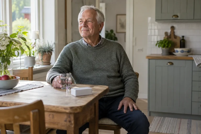 Man sitter vid ett bord med ett glas vatten och en omärkt läkemedelsförpackning.