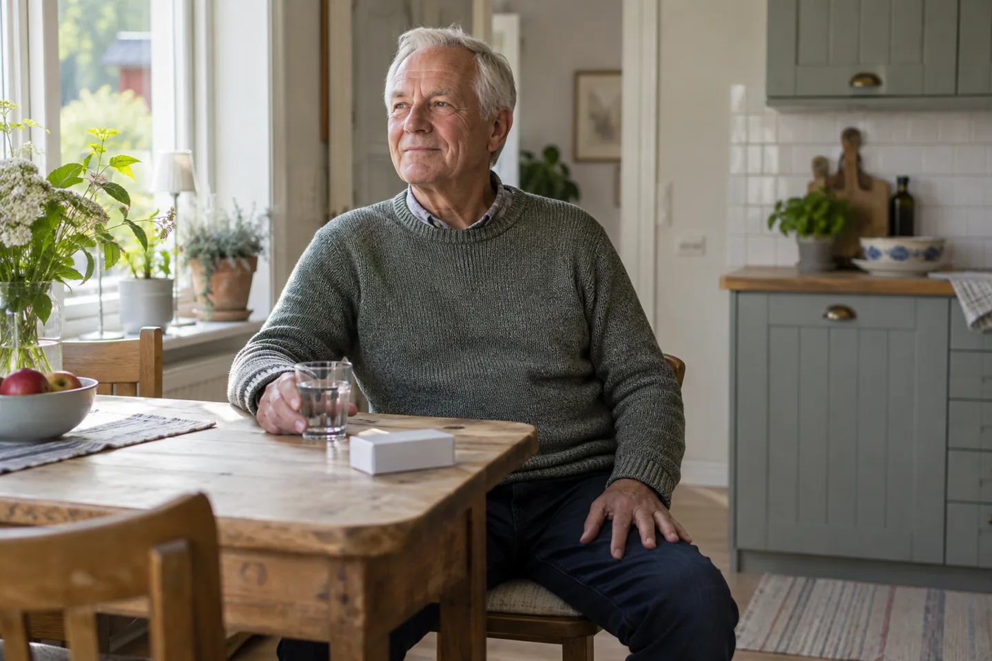 Man sitter vid ett bord med ett glas vatten och en omärkt läkemedelsförpackning.