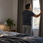 En man drar för sovrummets gardiner i dagsljus