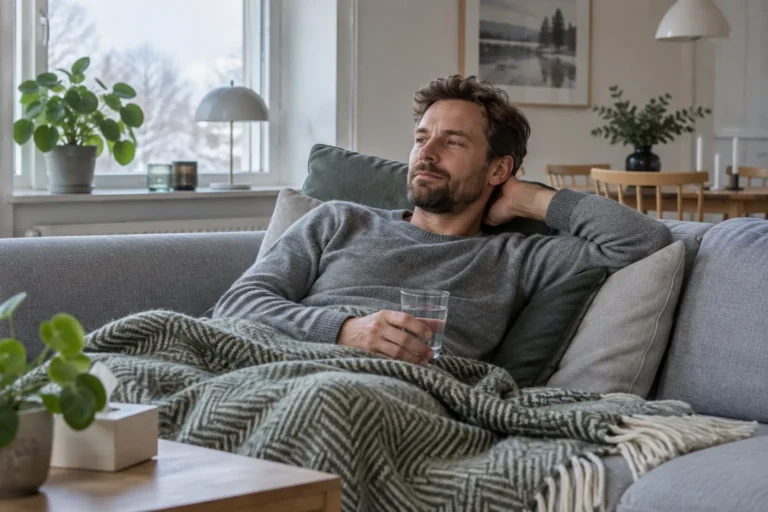 Man som vilar på en soffa med ett glas vatten