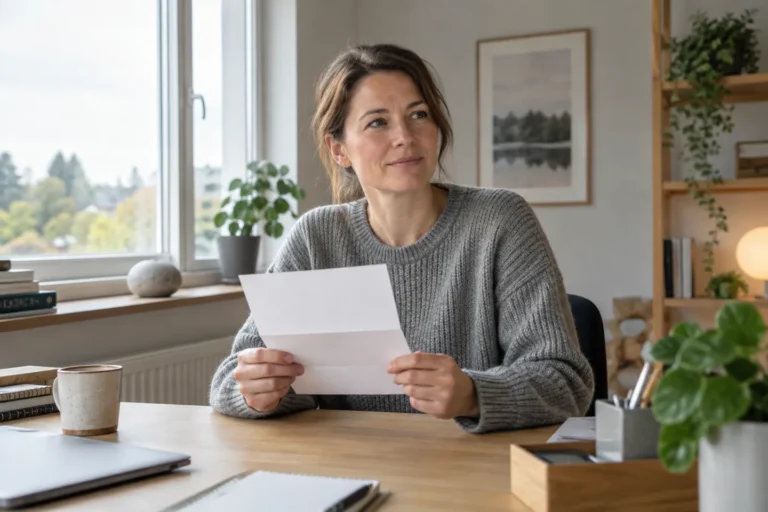 Kvinna sitter vid ett bord och håller ett papper utan läsbar text.