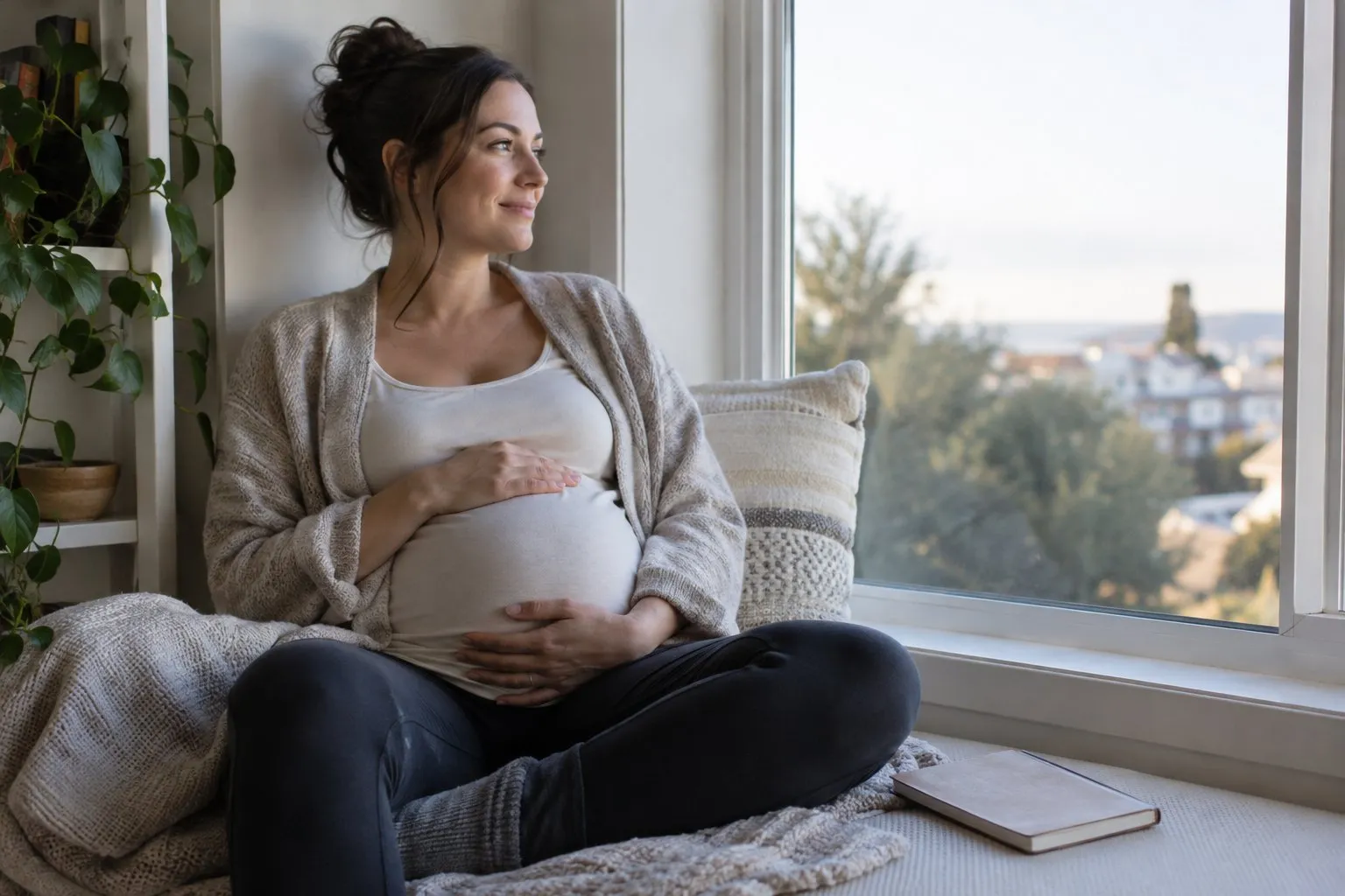 Gravid person som sitter vid ett fönster