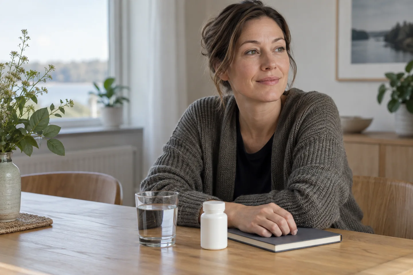 Ett glas vatten och en omärkt läkemedelsburk bredvid en anteckningsbok.